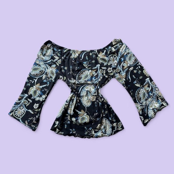 Y2K Black Blue Paisley Off Shoulder Bell Sleeve Top Small - Picture 6 of 6